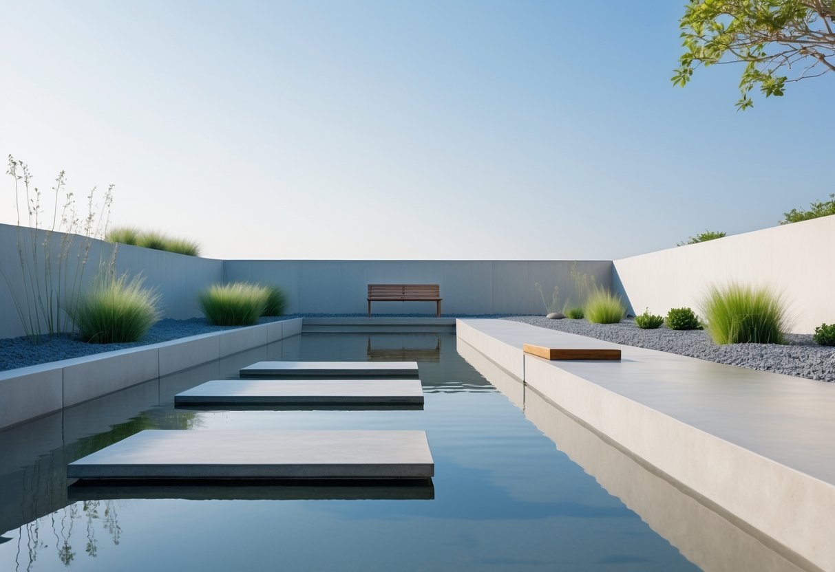 9+ Garden Pond Ideas: Stunning Designs to Transform Your US Backyard 9 A tranquil garden pond with clean edges, calm water, green plants, stepping stones, and a wooden bench under a clear sky.