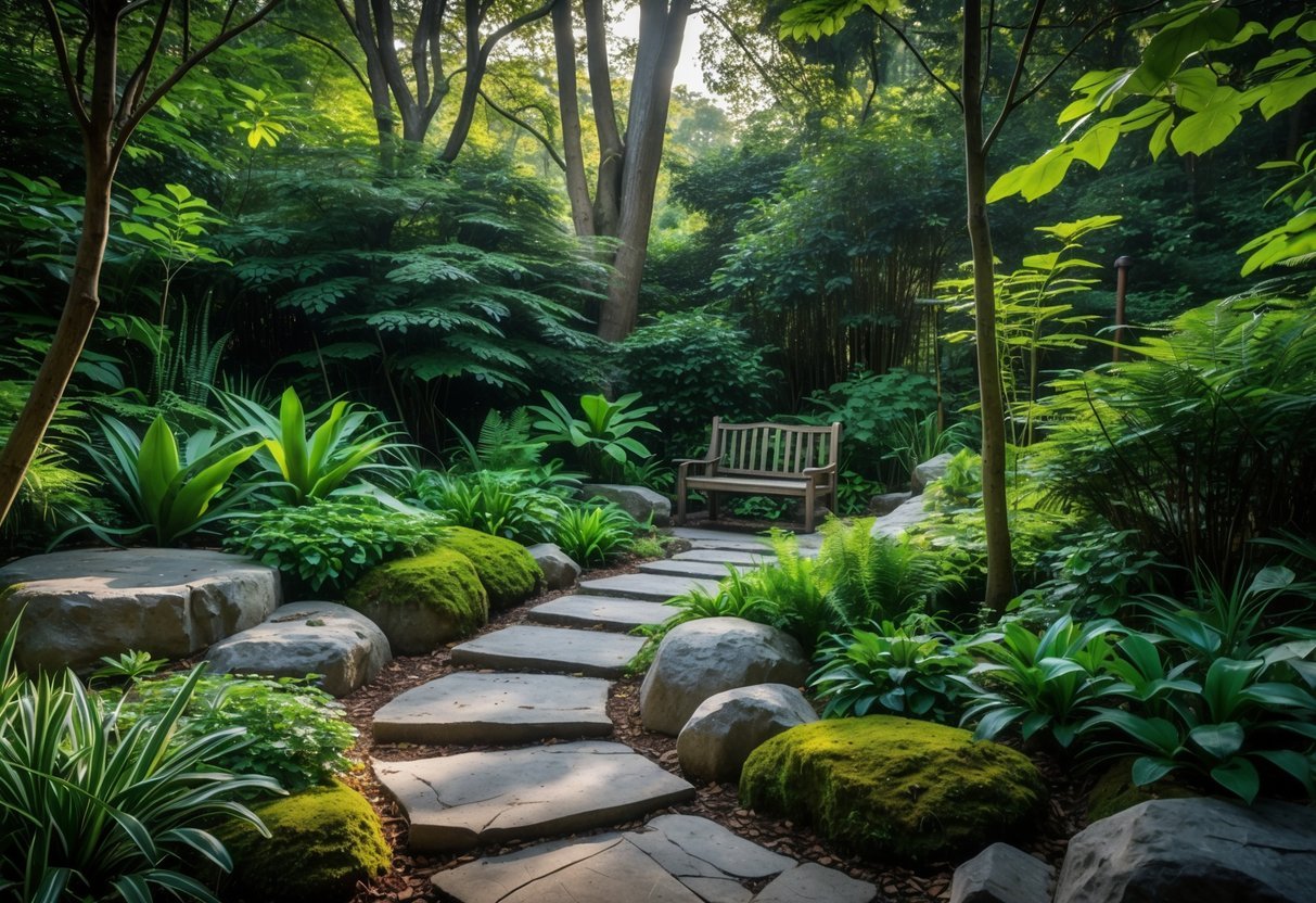 23+ Woodland Garden Ideas: Expert Tips to Transform Your US Backyard Naturally 2 A peaceful woodland garden with a stone path, green plants, trees, and a wooden bench.