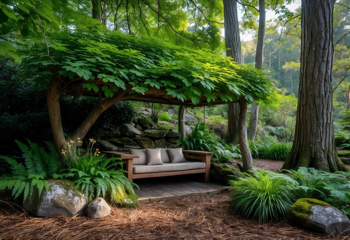 23+ Woodland Garden Ideas: Expert Tips to Transform Your US Backyard Naturally 3 A shaded seating area in a woodland garden with a wooden bench surrounded by green plants and trees.