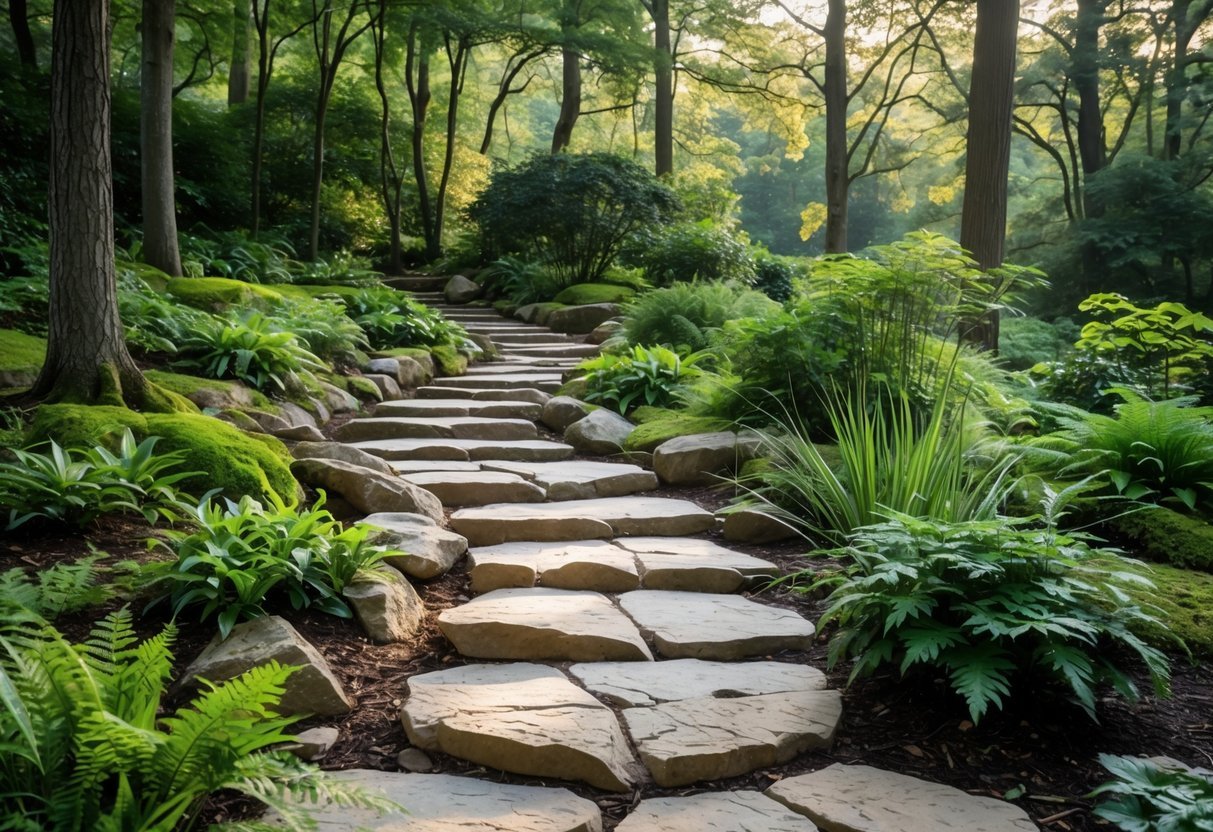 23+ Woodland Garden Ideas: Expert Tips to Transform Your US Backyard Naturally 4 A stone pathway winding through a green woodland garden with ferns and trees around it.