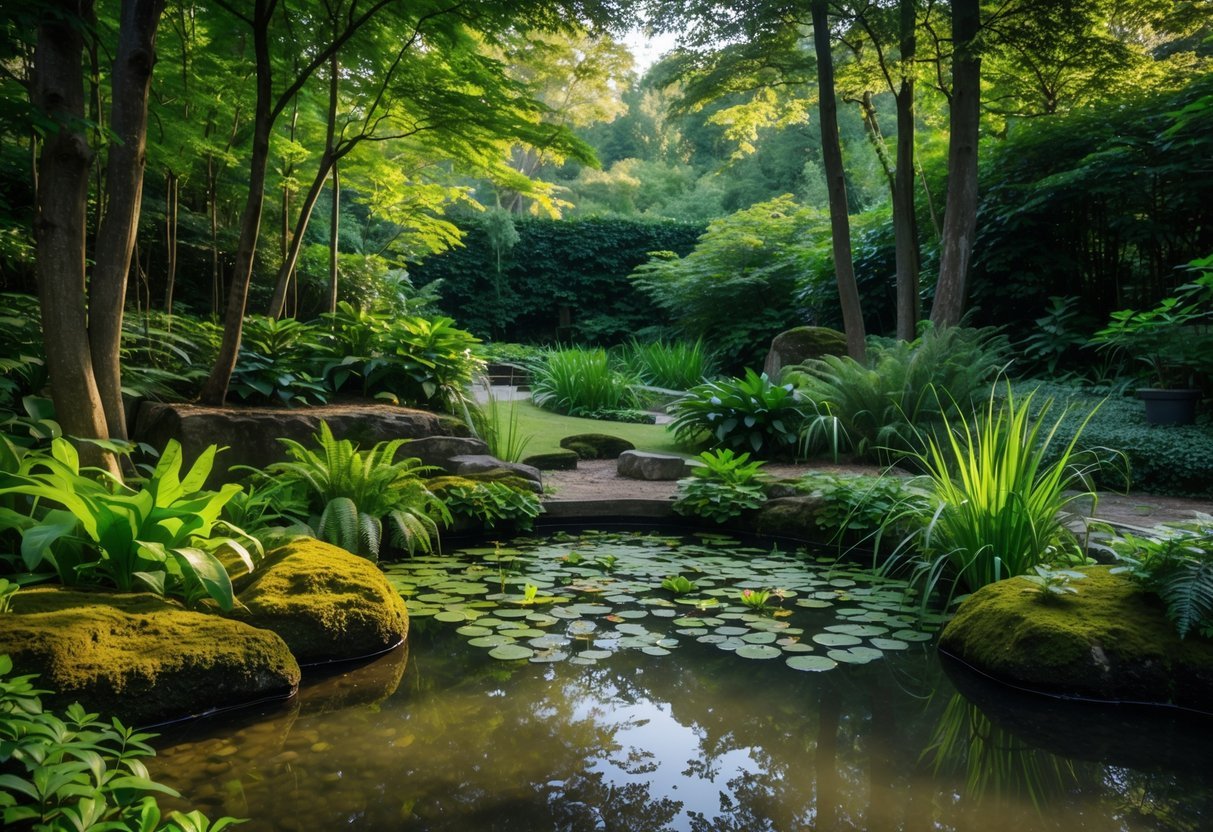 23+ Woodland Garden Ideas: Expert Tips to Transform Your US Backyard Naturally 6 A small pond surrounded by green plants, mossy rocks, and tall trees in a peaceful woodland garden.