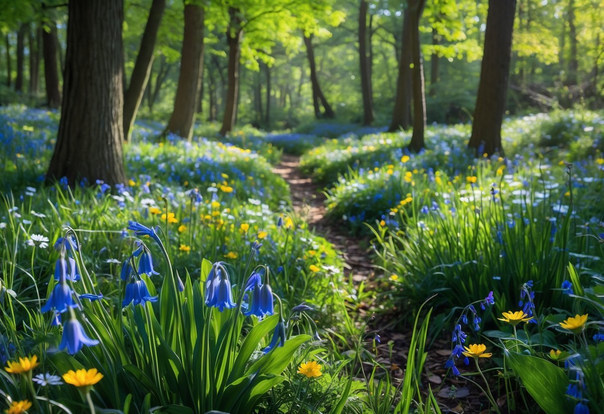 23+ Woodland Garden Ideas: Expert Tips to Transform Your US Backyard Naturally 7 A peaceful woodland garden filled with colorful wildflowers and tall trees with sunlight filtering through the leaves.