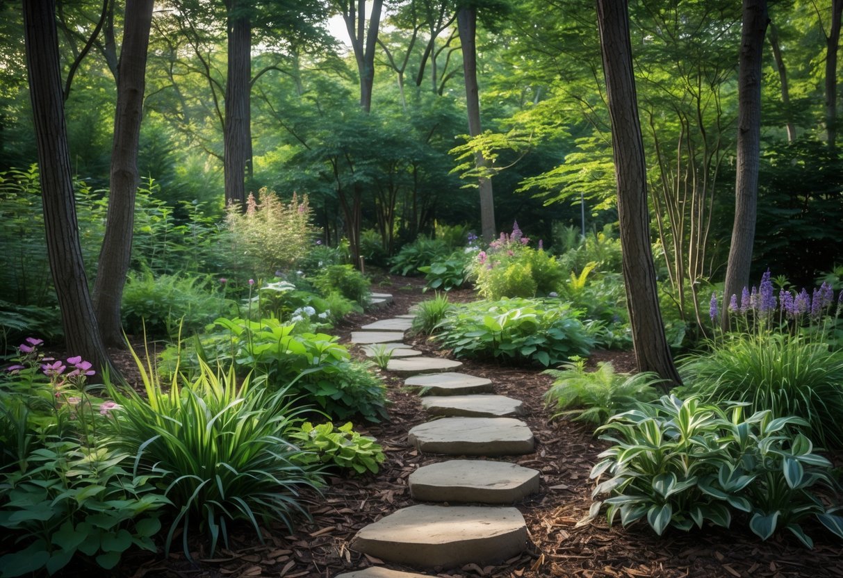 23+ Woodland Garden Ideas: Expert Tips to Transform Your US Backyard Naturally 8 A peaceful woodland garden with native plants, tall trees, and a winding stone path under dappled sunlight.