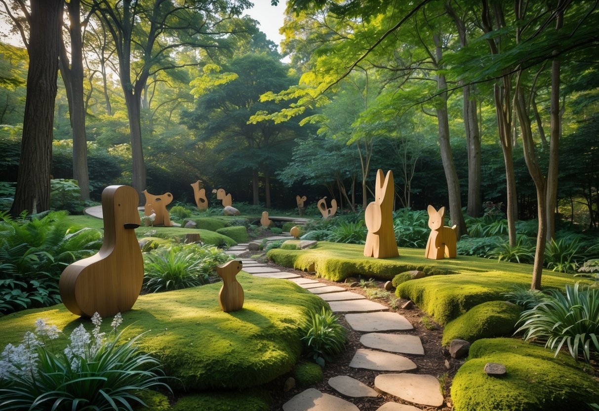 23+ Woodland Garden Ideas: Expert Tips to Transform Your US Backyard Naturally 9 A peaceful woodland garden with trees, wildflowers, and whimsical sculptures made of wood and stone scattered among the greenery.