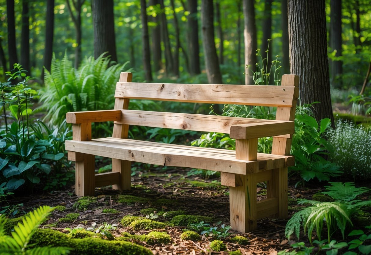 23+ Woodland Garden Ideas: Expert Tips to Transform Your US Backyard Naturally 10 A natural wood bench in a green woodland garden surrounded by trees, plants, and soft sunlight.