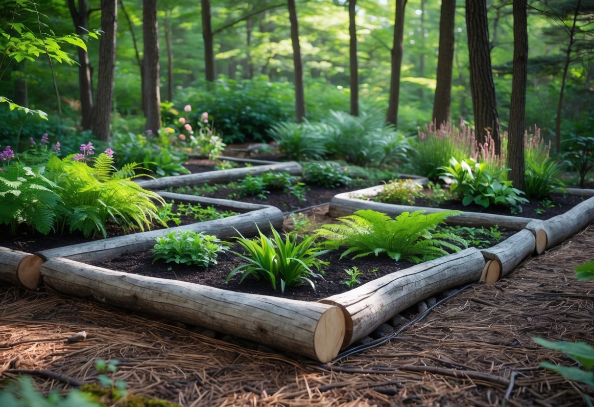 23+ Woodland Garden Ideas: Expert Tips to Transform Your US Backyard Naturally 11 A woodland garden with garden beds bordered by natural wooden logs surrounded by green plants and tall trees.