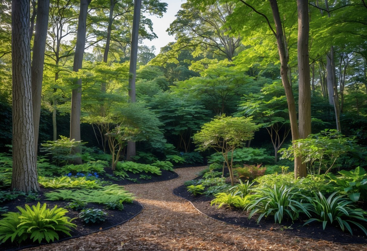 23+ Woodland Garden Ideas: Expert Tips to Transform Your US Backyard Naturally 12 A layered woodland garden with tall trees, green shrubs, and groundcover plants under filtered sunlight.