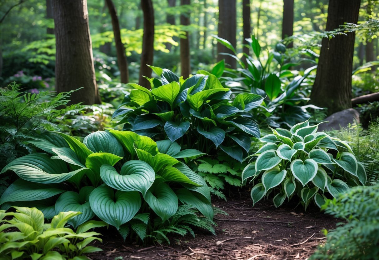23+ Woodland Garden Ideas: Expert Tips to Transform Your US Backyard Naturally 13 A shaded woodland garden with large green hosta plants surrounded by trees and other shade-loving plants.
