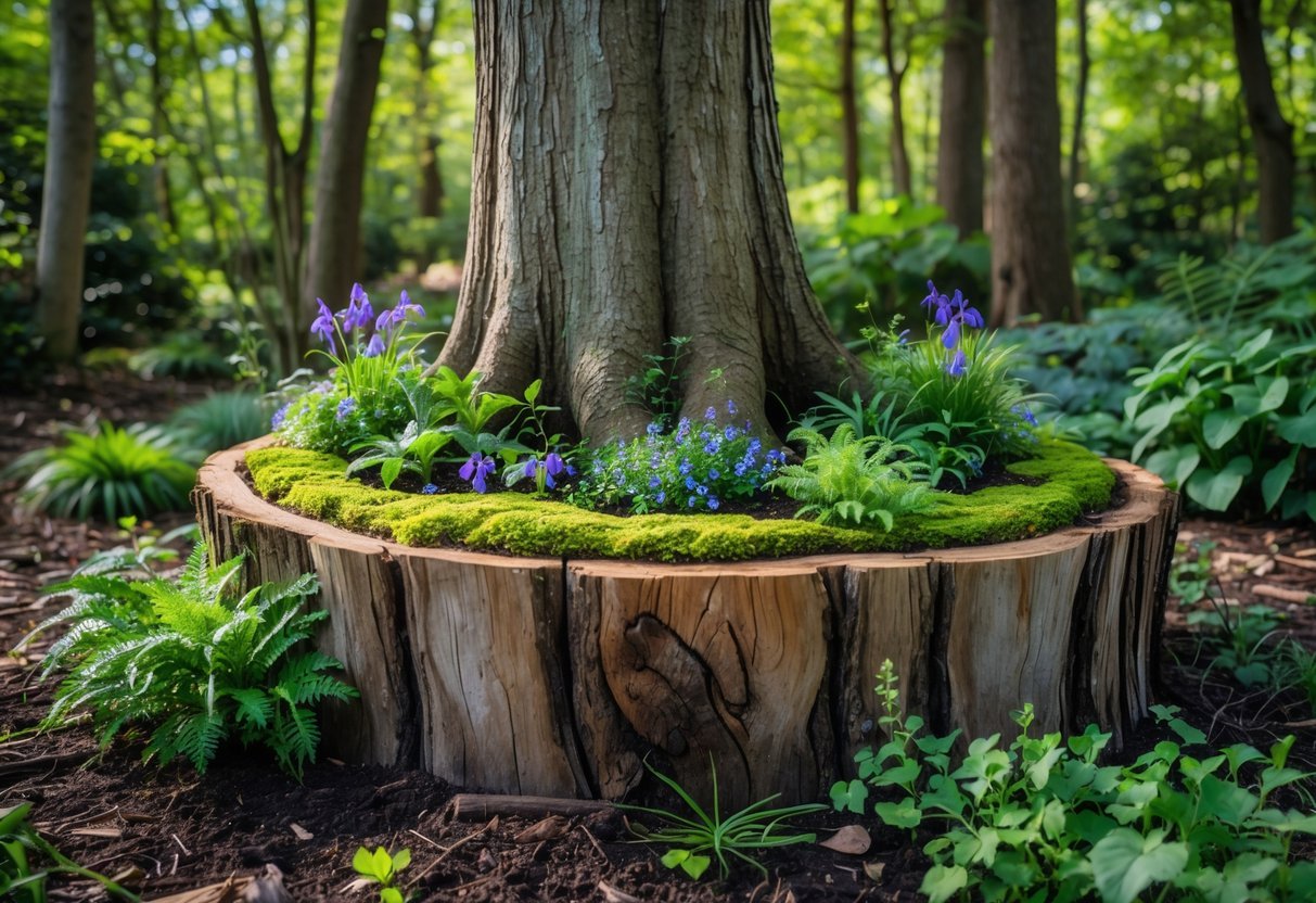 23+ Woodland Garden Ideas: Expert Tips to Transform Your US Backyard Naturally 14 A tree stump in a woodland garden surrounded by moss, ferns, and wildflowers with sunlight filtering through trees.