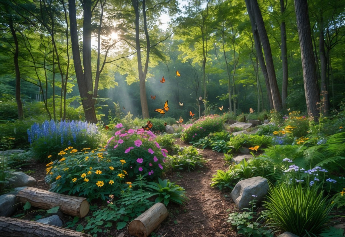 23+ Woodland Garden Ideas: Expert Tips to Transform Your US Backyard Naturally 15 A shaded woodland garden with flowering plants, trees, and colorful butterflies flying among the flowers.