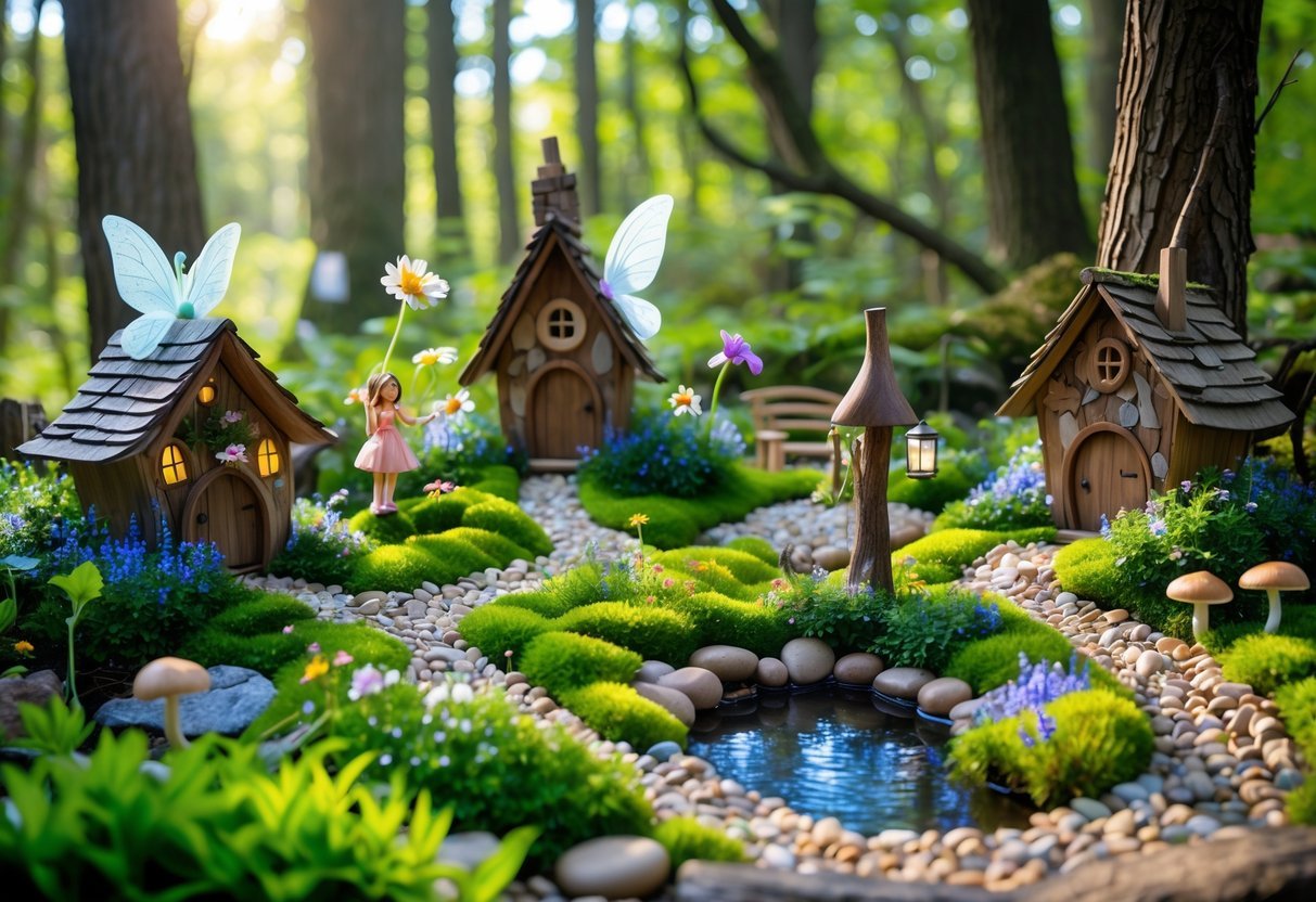 23+ Woodland Garden Ideas: Expert Tips to Transform Your US Backyard Naturally 16 A small fairy garden in a woodland setting with miniature houses, fairy figurines, colorful flowers, winding pebble paths, ferns, mushrooms, and a tiny pond under soft sunlight.