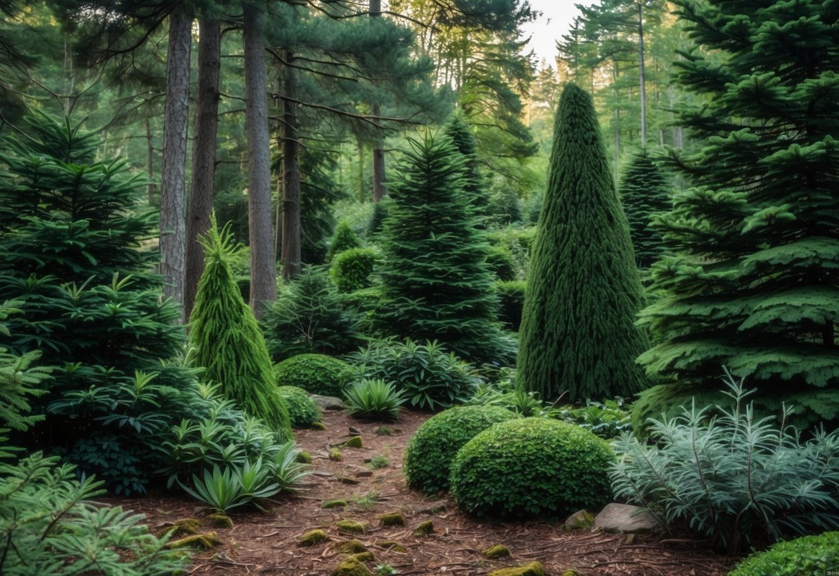 23+ Woodland Garden Ideas: Expert Tips to Transform Your US Backyard Naturally 17 A peaceful woodland garden with tall evergreen trees, shrubs, and green ground cover plants under soft natural light.