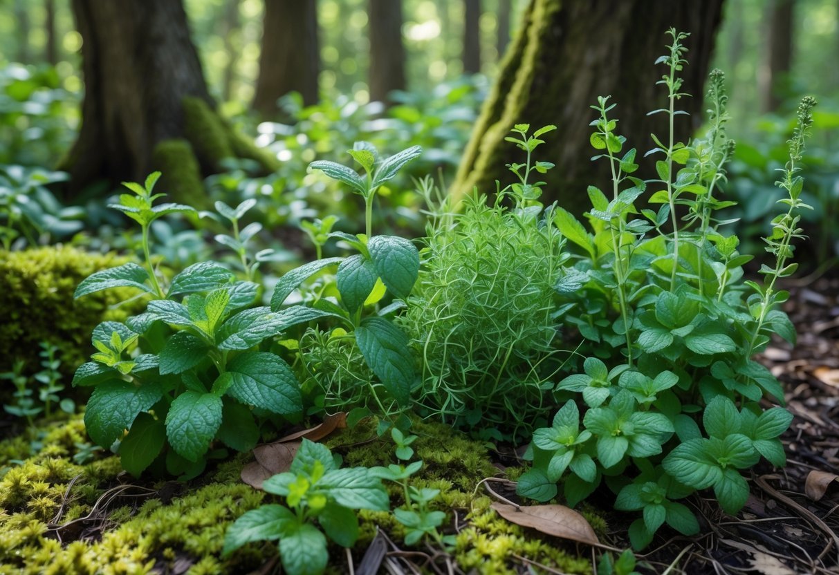 23+ Woodland Garden Ideas: Expert Tips to Transform Your US Backyard Naturally 18 A woodland garden with green mint and thyme plants growing among moss, leaves, and trees in a shaded forest setting.