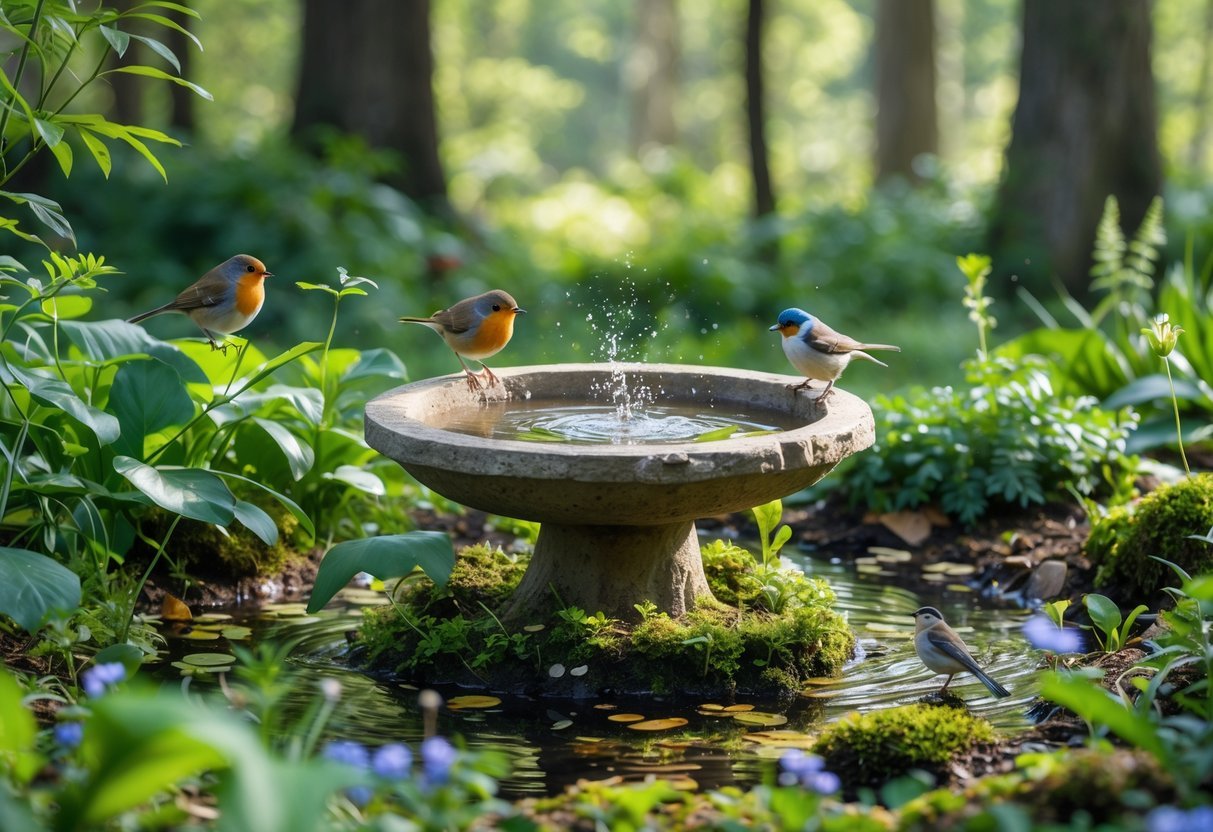 23+ Woodland Garden Ideas: Expert Tips to Transform Your US Backyard Naturally 19 A birdbath in a woodland garden surrounded by green plants and small birds drinking and perched nearby.