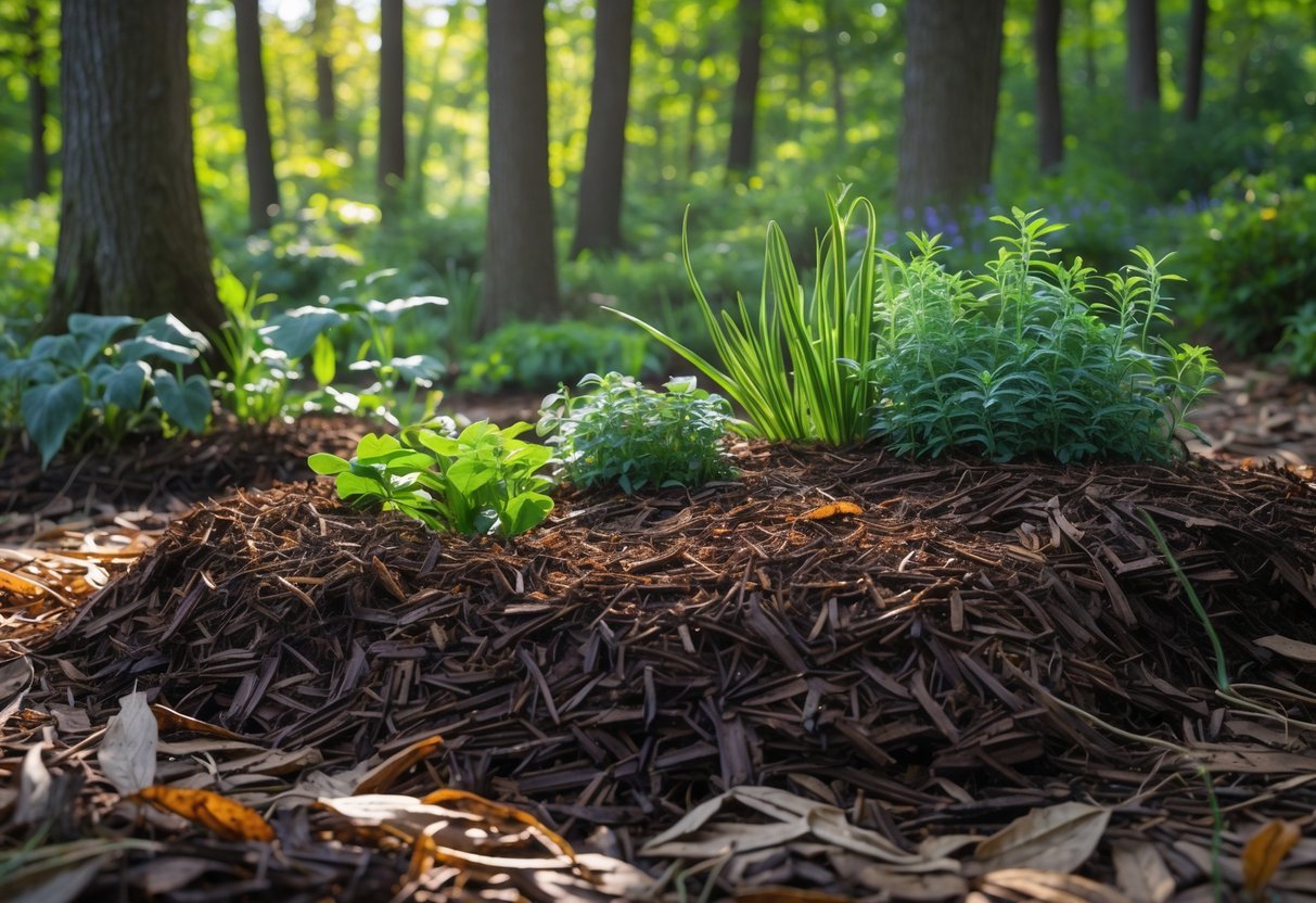 23+ Woodland Garden Ideas: Expert Tips to Transform Your US Backyard Naturally 20 A close-up of dark mulch spread around green plants in a shaded woodland garden with trees in the background.