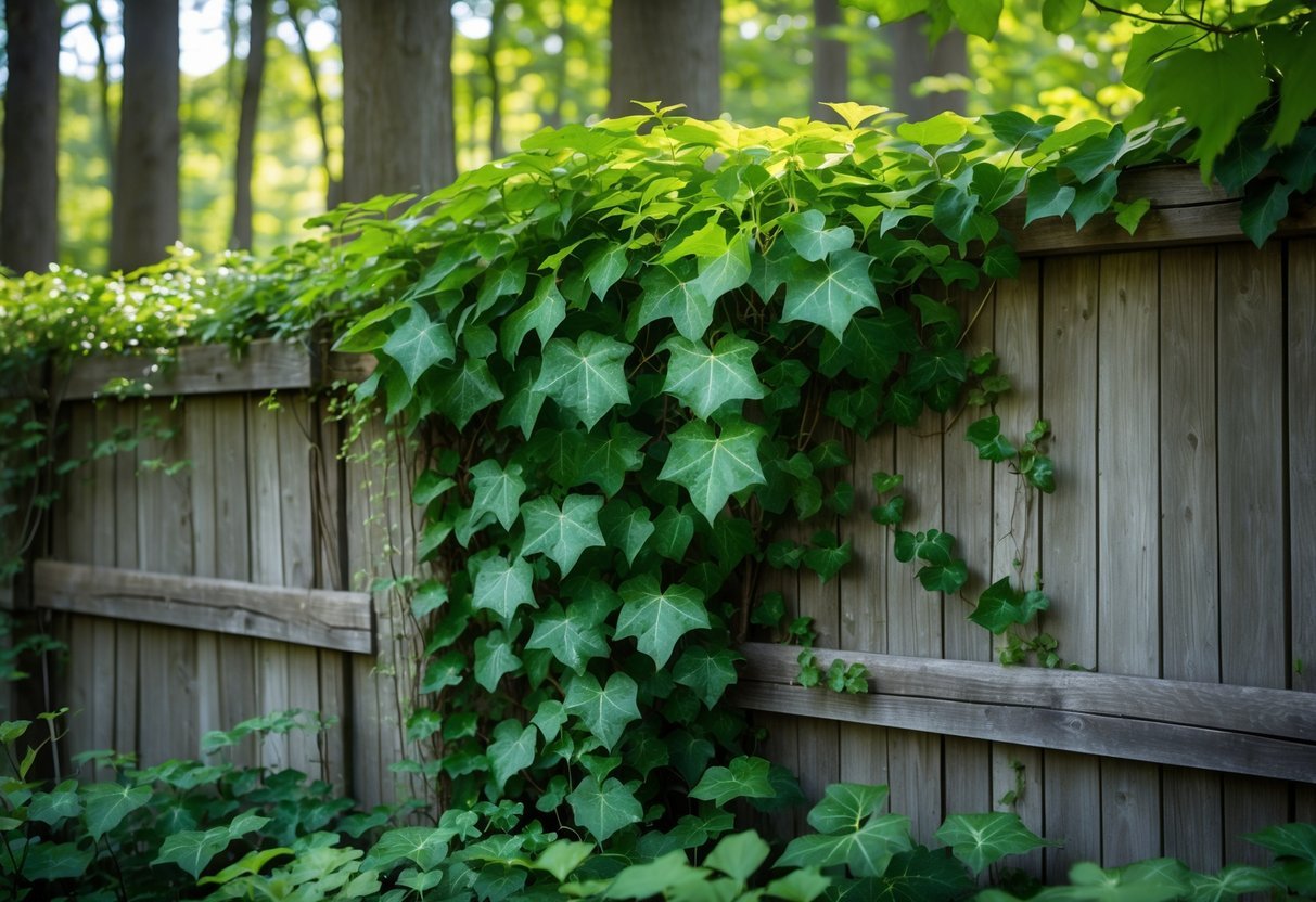 23+ Woodland Garden Ideas: Expert Tips to Transform Your US Backyard Naturally 21 A woodland garden with green ivy climbing over wooden walls and fences surrounded by trees and natural foliage.