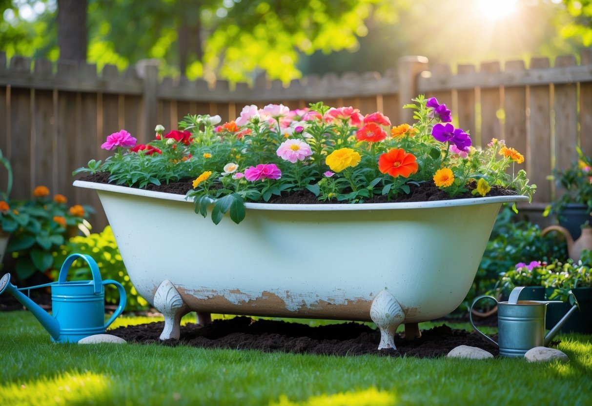 19+ Repurposed Bathtub Garden Ideas for Stylish, Space-Saving Urban Yards in the US 2 An old bathtub filled with colorful flowers set outdoors on green grass surrounded by garden tools and plants.