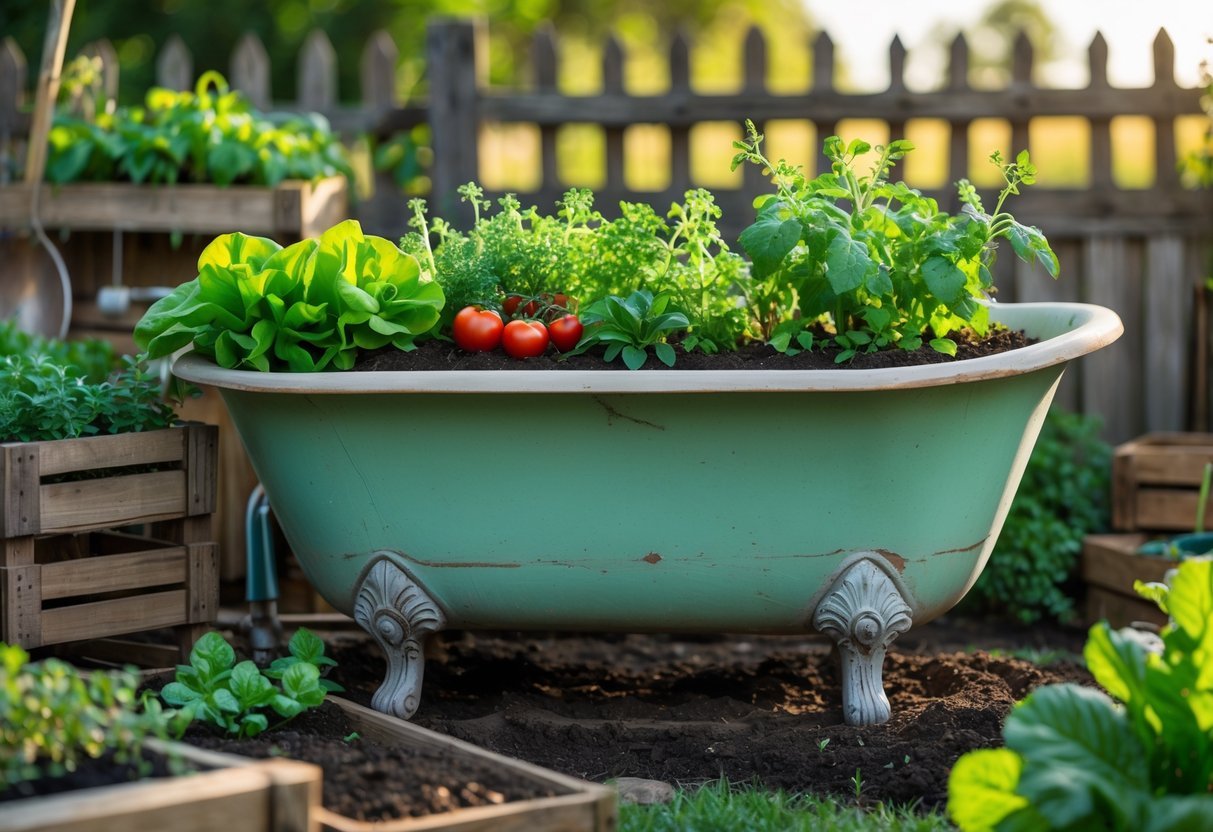19+ Repurposed Bathtub Garden Ideas for Stylish, Space-Saving Urban Yards in the US 3 A repurposed bathtub filled with vegetable plants growing outdoors in a garden.