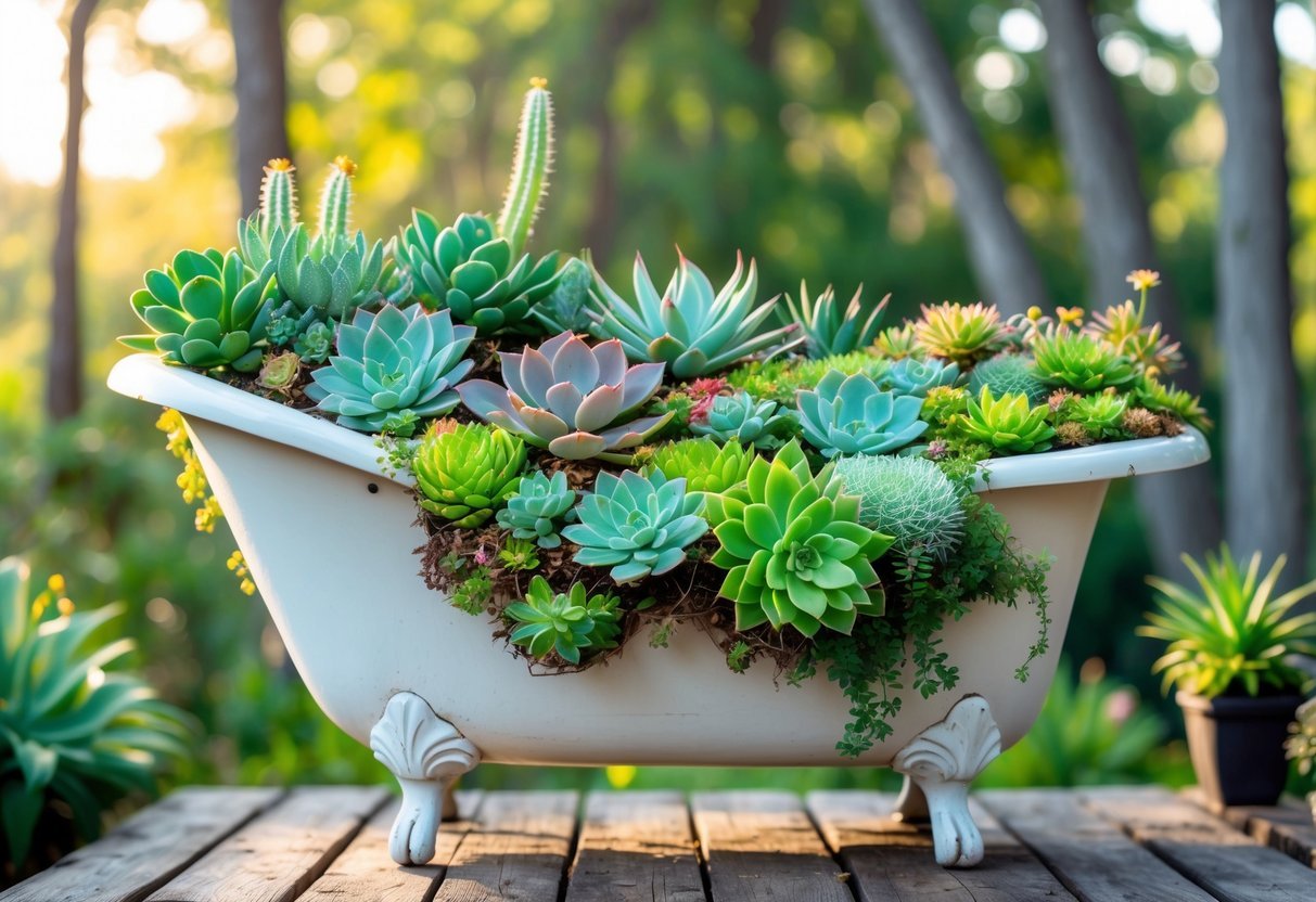 19+ Repurposed Bathtub Garden Ideas for Stylish, Space-Saving Urban Yards in the US 4 A vintage bathtub outdoors filled with a variety of colorful succulents arranged as a garden.