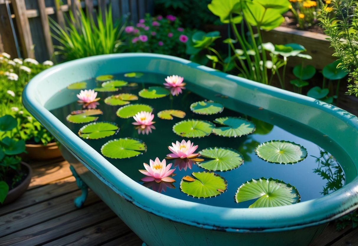 19+ Repurposed Bathtub Garden Ideas for Stylish, Space-Saving Urban Yards in the US 5 A water lily pond inside a repurposed bathtub surrounded by garden plants.
