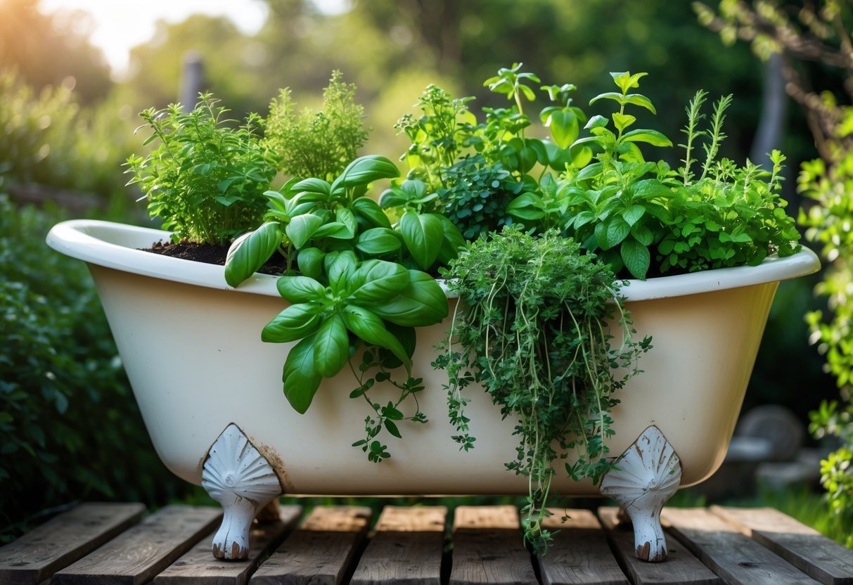 19+ Repurposed Bathtub Garden Ideas for Stylish, Space-Saving Urban Yards in the US 6 A vintage bathtub outdoors filled with various fresh herbs growing in soil, surrounded by garden greenery.