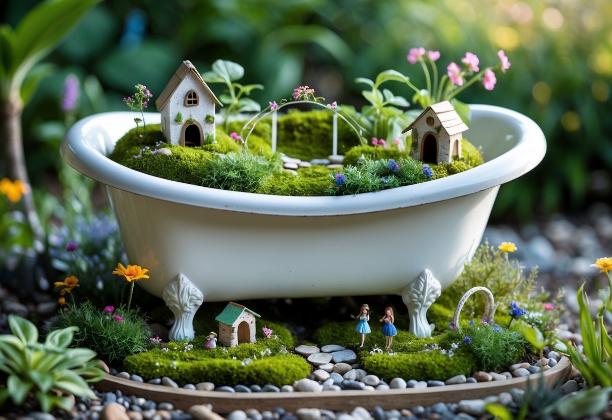 19+ Repurposed Bathtub Garden Ideas for Stylish, Space-Saving Urban Yards in the US 7 A vintage bathtub filled with a miniature fairy garden featuring small plants, fairy houses, and decorative elements.