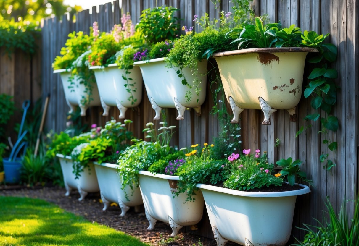 19+ Repurposed Bathtub Garden Ideas for Stylish, Space-Saving Urban Yards in the US 8 A vertical garden made from stacked old bathtubs filled with green plants and colorful flowers against a wooden fence.