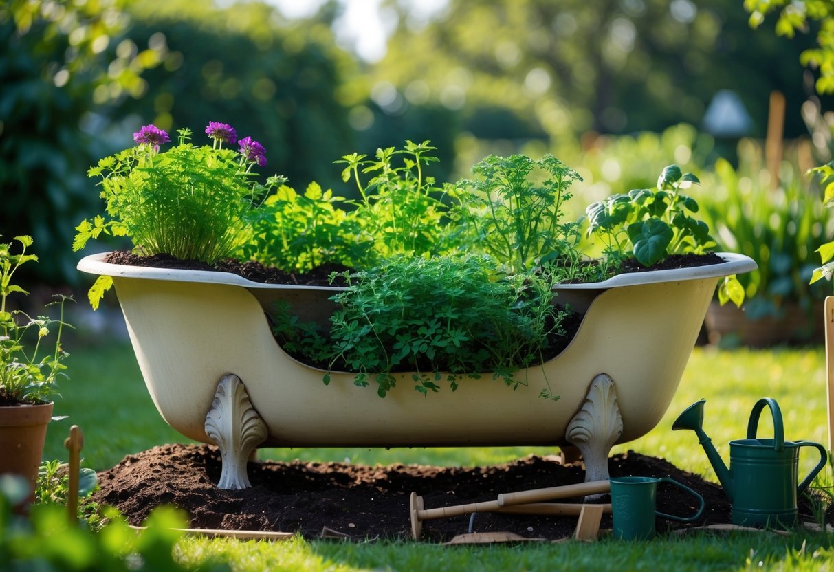 19+ Repurposed Bathtub Garden Ideas for Stylish, Space-Saving Urban Yards in the US 9 A raised garden bed made from a repurposed bathtub filled with plants and flowers in an outdoor garden.