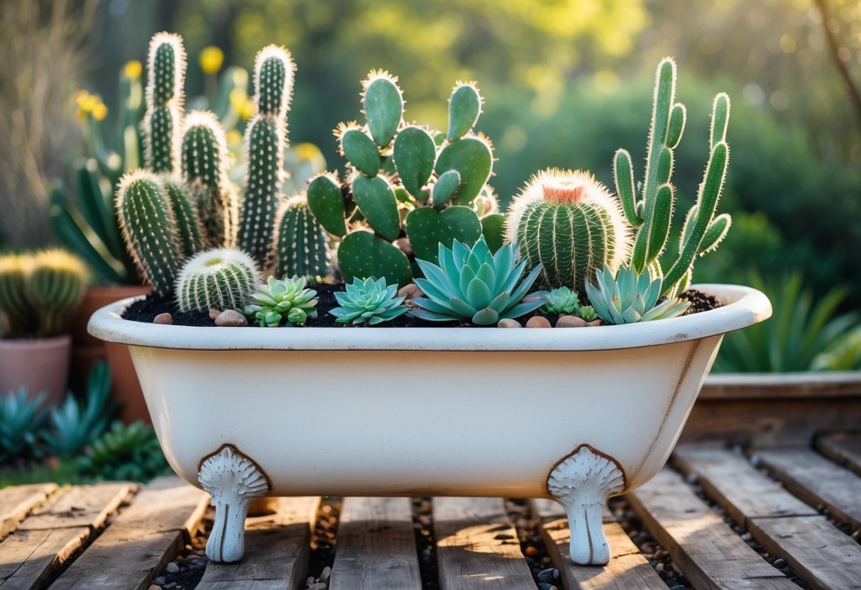 19+ Repurposed Bathtub Garden Ideas for Stylish, Space-Saving Urban Yards in the US 10 A vintage bathtub outdoors filled with various cacti and succulents, used as a garden planter on a wooden deck.