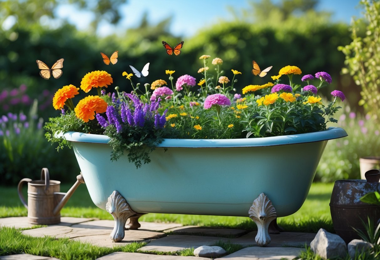 19+ Repurposed Bathtub Garden Ideas for Stylish, Space-Saving Urban Yards in the US 11 A vintage bathtub repurposed as a garden planter filled with colorful flowers and butterflies outdoors on a stone patio.
