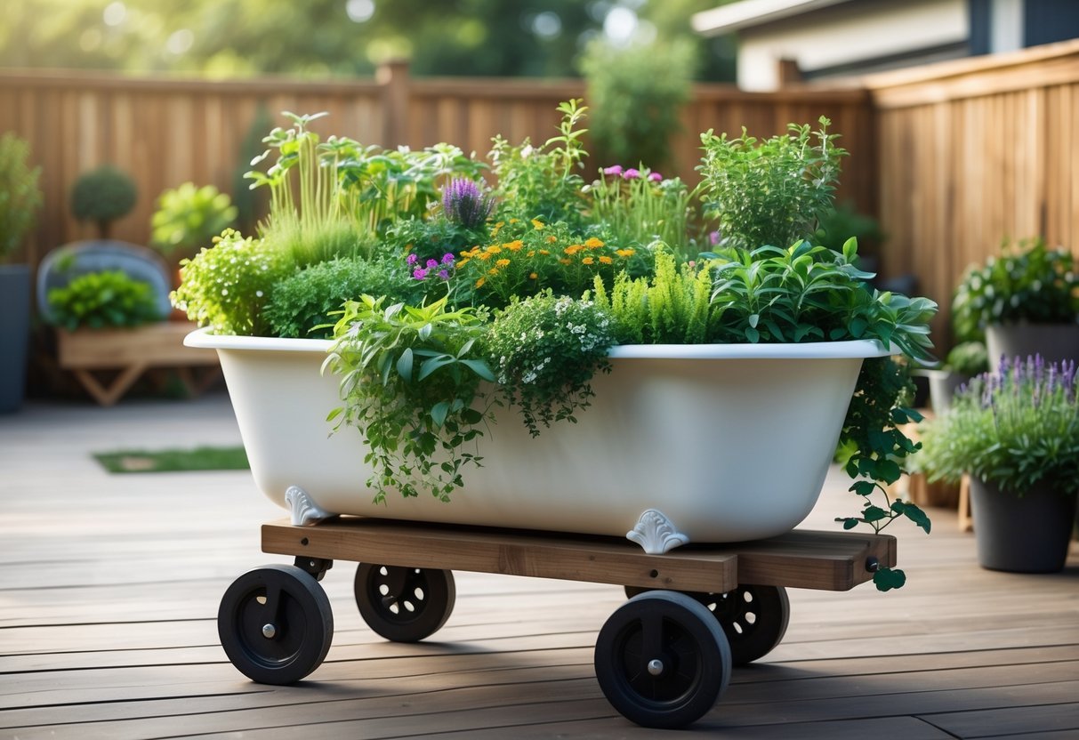 19+ Repurposed Bathtub Garden Ideas for Stylish, Space-Saving Urban Yards in the US 12 A repurposed white bathtub on wheels filled with green plants and colorful flowers, placed outdoors on a wooden deck.