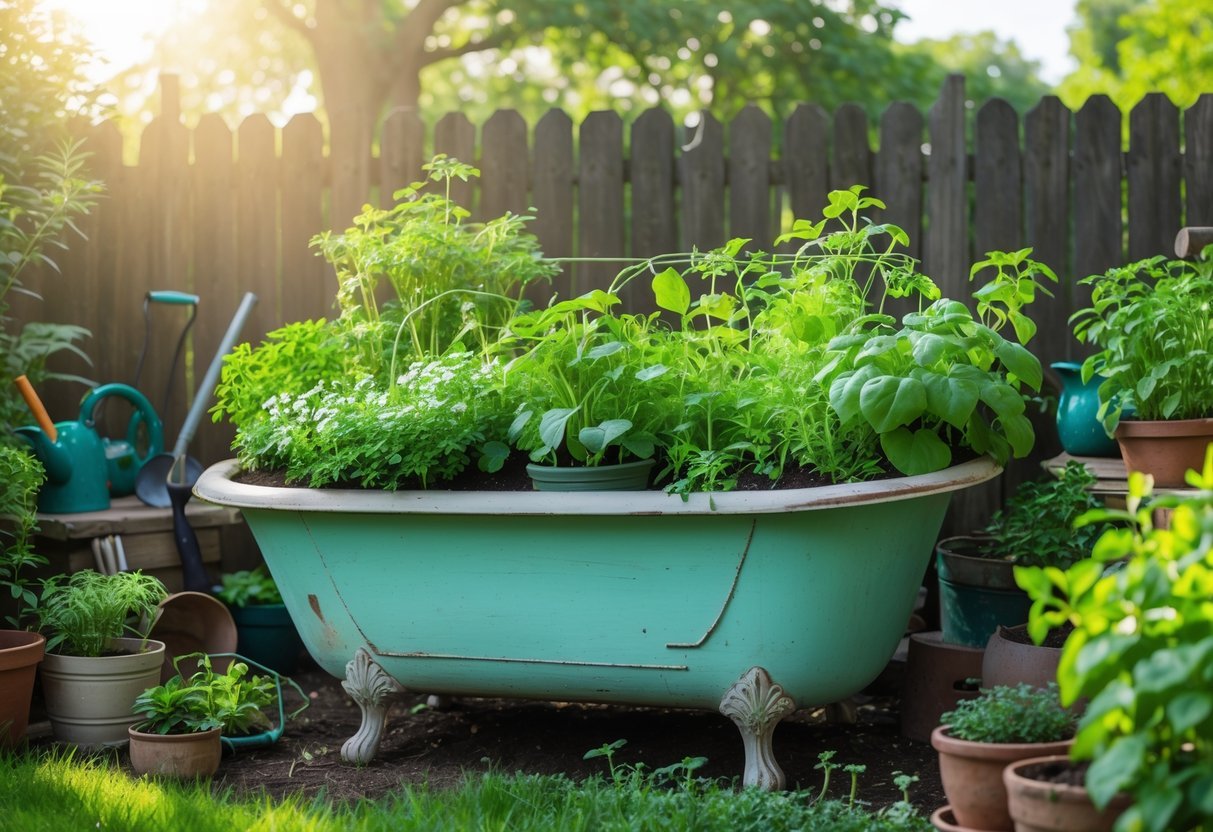 19+ Repurposed Bathtub Garden Ideas for Stylish, Space-Saving Urban Yards in the US 13 A vintage bathtub filled with green plants and flowers, used as a planter in an outdoor garden.