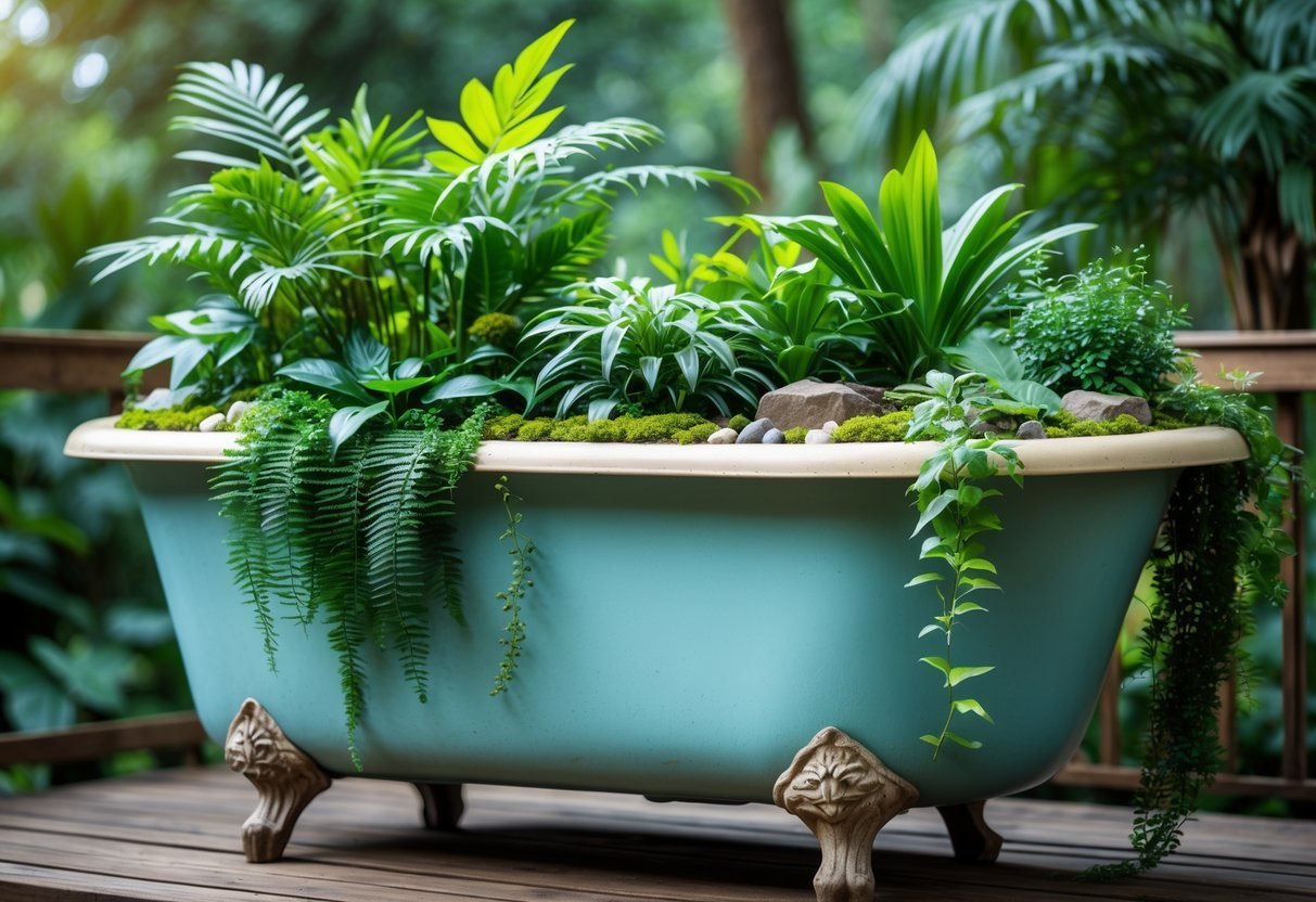 19+ Repurposed Bathtub Garden Ideas for Stylish, Space-Saving Urban Yards in the US 14 A vintage bathtub filled with various green tropical plants forming a small indoor jungle garden.