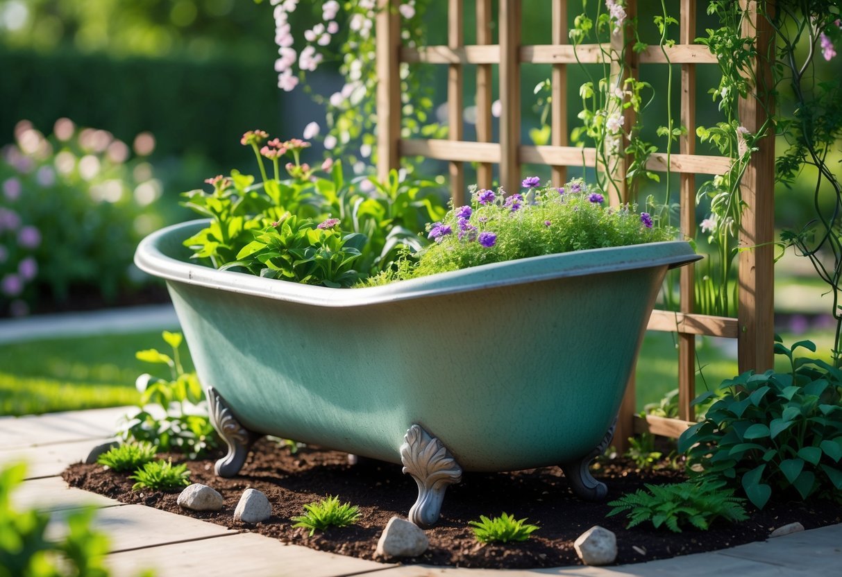 19+ Repurposed Bathtub Garden Ideas for Stylish, Space-Saving Urban Yards in the US 15 A vintage bathtub repurposed as a garden planter with green plants and flowers, supported by a wooden trellis with climbing vines in a sunny outdoor garden.