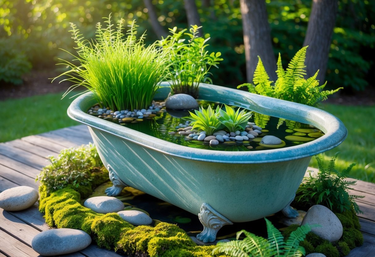 19+ Repurposed Bathtub Garden Ideas for Stylish, Space-Saving Urban Yards in the US 16 A repurposed bathtub filled with water and aquatic plants, set outdoors on a wooden deck surrounded by natural greenery and stones.