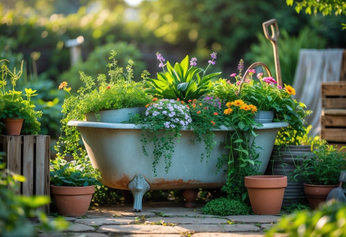 19+ Repurposed Bathtub Garden Ideas for Stylish, Space-Saving Urban Yards in the US 17 A vintage bathtub filled with green plants and colorful flowers arranged as a garden centerpiece outdoors.