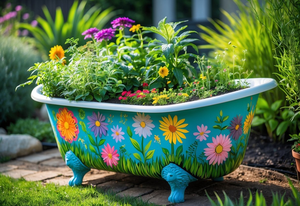 19+ Repurposed Bathtub Garden Ideas for Stylish, Space-Saving Urban Yards in the US 18 A painted bathtub repurposed as a garden planter filled with green plants and colorful flowers outdoors.