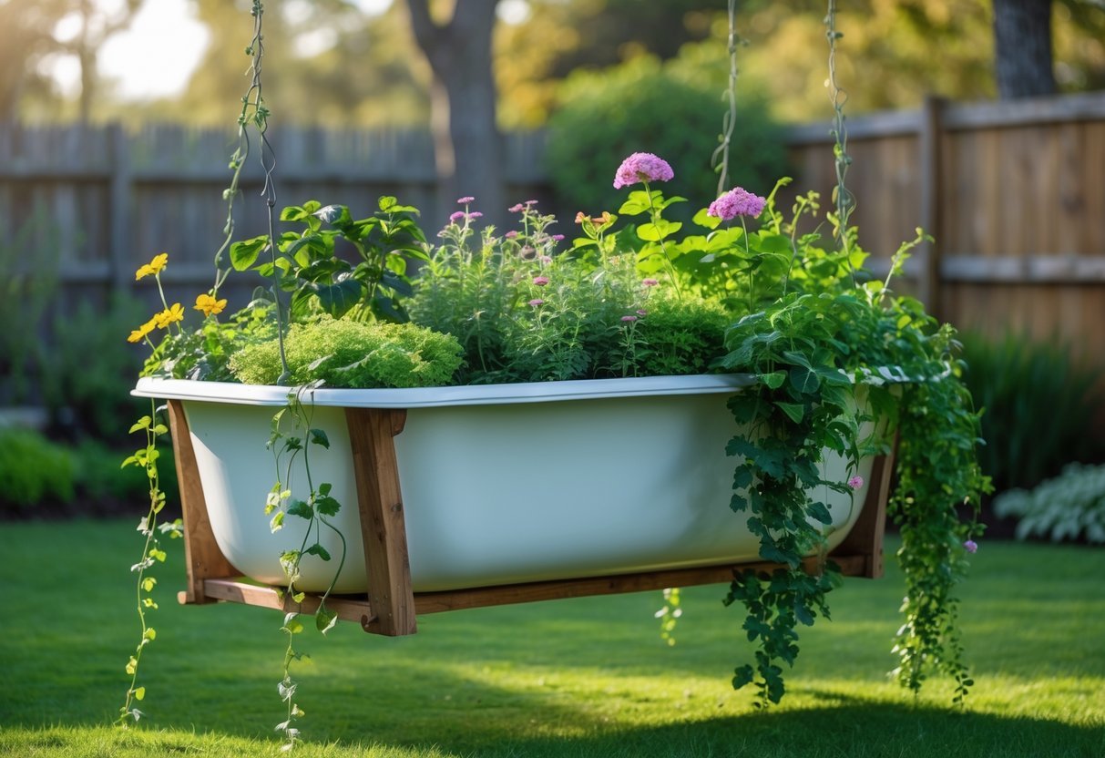 19+ Repurposed Bathtub Garden Ideas for Stylish, Space-Saving Urban Yards in the US 19 A repurposed bathtub cut and mounted as a hanging garden filled with green plants and colorful flowers outdoors.