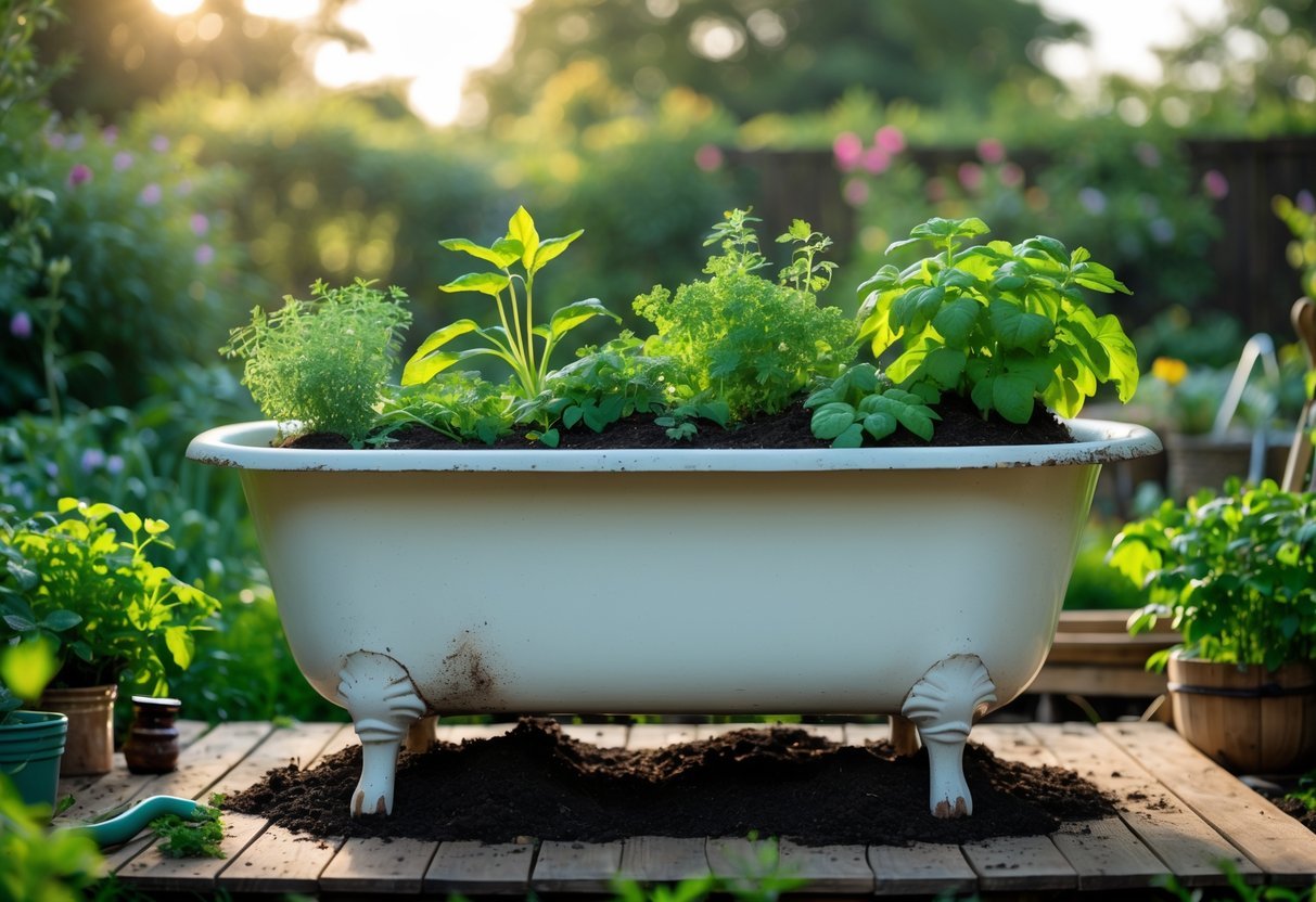 19+ Repurposed Bathtub Garden Ideas for Stylish, Space-Saving Urban Yards in the US 20 A repurposed white bathtub filled with compost soil and green plants in a backyard garden.
