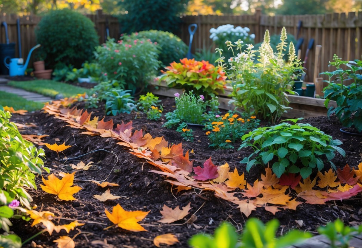 29+ Garden Ideas Using Fallen Leaves: Creative Ways for US Homeowners to Enhance Their Outdoor Spaces 2 A garden bed with plants surrounded by colorful fallen leaves arranged as mulch and decorative patterns.