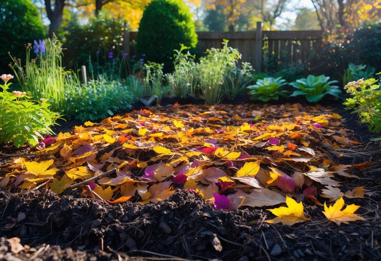 29+ Garden Ideas Using Fallen Leaves: Creative Ways for US Homeowners to Enhance Their Outdoor Spaces 3 A garden bed covered with a thick layer of colorful fallen leaves used as mulch, surrounded by green plants and flowers.