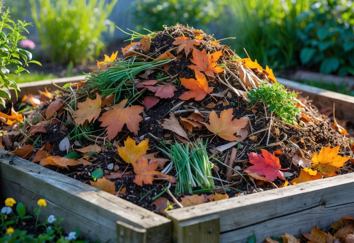 29+ Garden Ideas Using Fallen Leaves: Creative Ways for US Homeowners to Enhance Their Outdoor Spaces 4 A garden compost pile made of fallen autumn leaves and other natural garden materials inside a wooden compost bin surrounded by green plants.