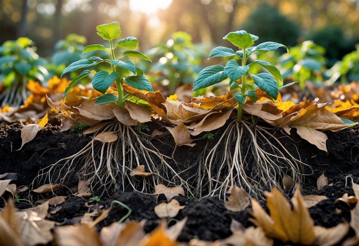 29+ Garden Ideas Using Fallen Leaves: Creative Ways for US Homeowners to Enhance Their Outdoor Spaces 5 Close-up of garden plants with their roots covered by fallen leaves spread on the soil.