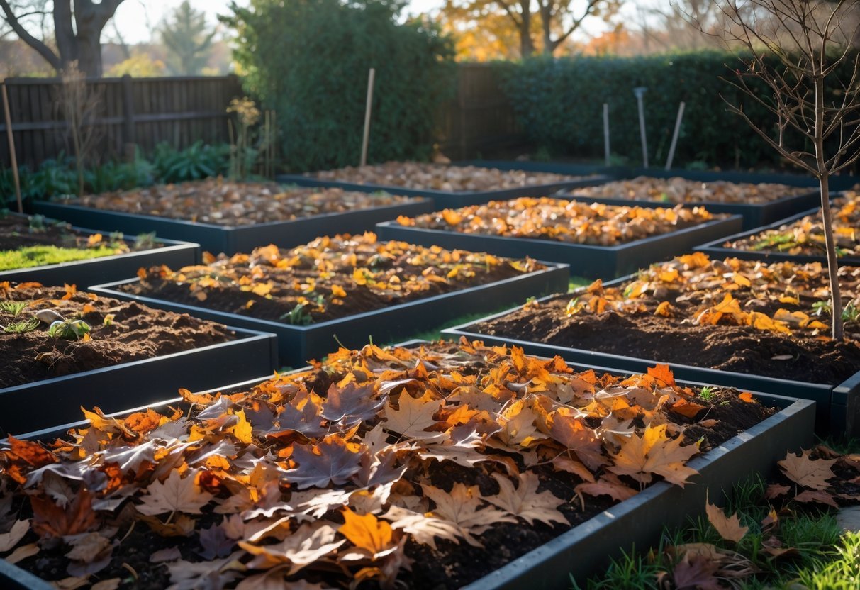 29+ Garden Ideas Using Fallen Leaves: Creative Ways for US Homeowners to Enhance Their Outdoor Spaces 6 Dormant garden beds covered with fallen autumn leaves in a backyard garden.
