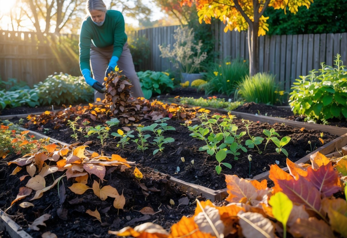 29+ Garden Ideas Using Fallen Leaves: Creative Ways for US Homeowners to Enhance Their Outdoor Spaces 7 A garden bed covered with fallen leaves decomposing into leaf mold, surrounded by piles of colorful autumn leaves and green plants, with a gardener spreading leaves over the soil.