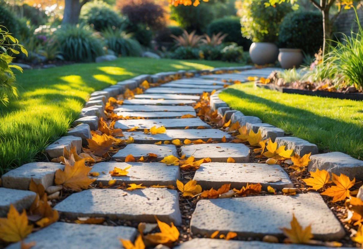 29+ Garden Ideas Using Fallen Leaves: Creative Ways for US Homeowners to Enhance Their Outdoor Spaces 8 A winding stone garden path covered with fallen autumn leaves surrounded by green grass and plants.