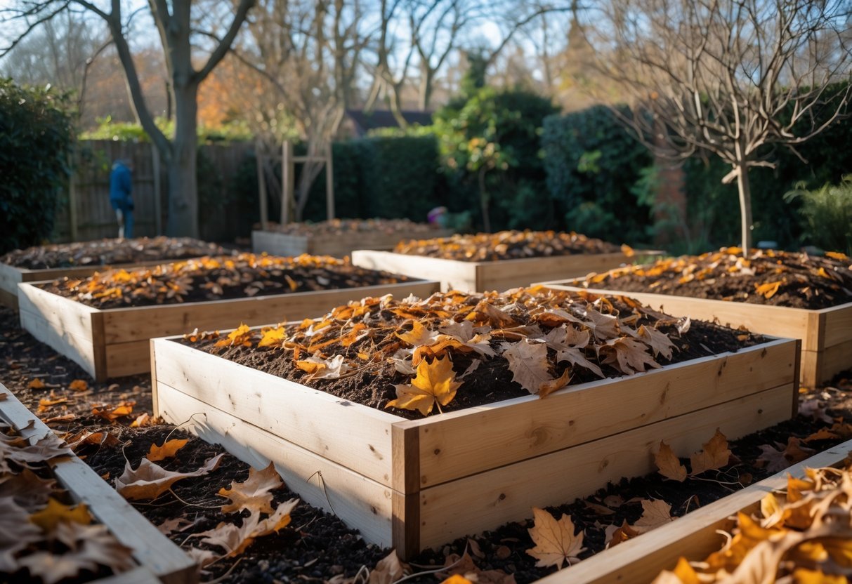29+ Garden Ideas Using Fallen Leaves: Creative Ways for US Homeowners to Enhance Their Outdoor Spaces 9 Raised garden beds covered with fallen leaves in a backyard garden during late fall or early winter.
