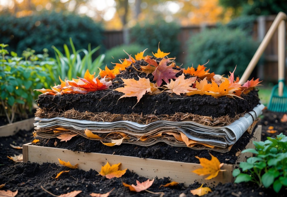 29+ Garden Ideas Using Fallen Leaves: Creative Ways for US Homeowners to Enhance Their Outdoor Spaces 10 A garden bed layered with soil, compost, shredded newspaper, and colorful fallen leaves in an outdoor garden setting.