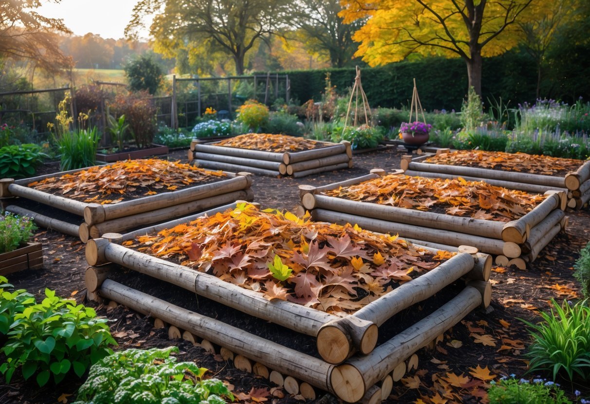 29+ Garden Ideas Using Fallen Leaves: Creative Ways for US Homeowners to Enhance Their Outdoor Spaces 11 A garden with hugelkultur beds covered in fallen autumn leaves surrounded by green plants and trees.
