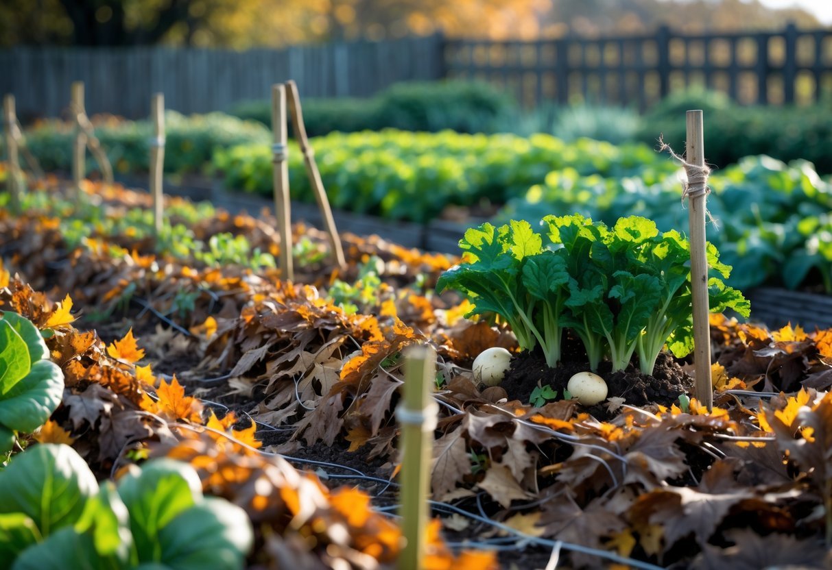29+ Garden Ideas Using Fallen Leaves: Creative Ways for US Homeowners to Enhance Their Outdoor Spaces 12 A garden bed with overwintering crops covered by a layer of fallen autumn leaves for protection.